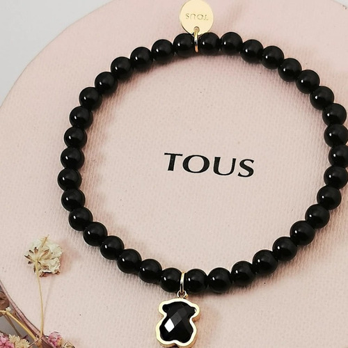 Pulsera Modelo Tous  Elastica Onix Natural Y Oso Bañado Oro