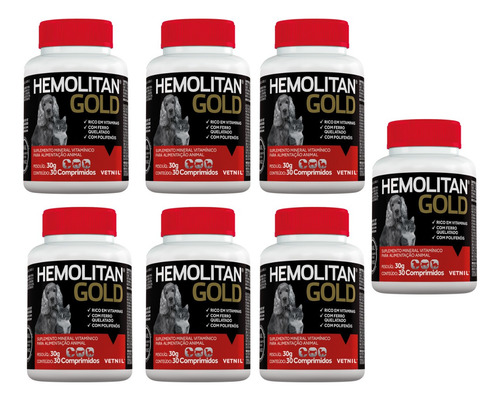 Kit 7 Hemolitan Gold 30 Comprimidos Suplemento Cães E Gatos