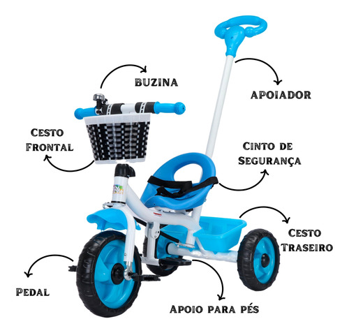 Triciclo Infantil Passeio Com Empurrador Removível 3 Rodas