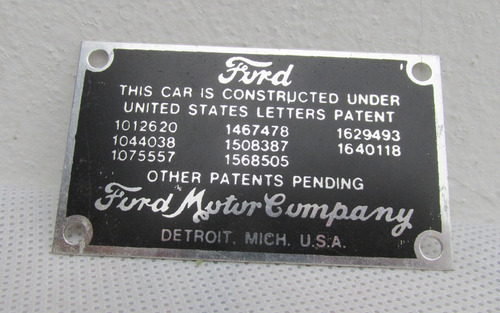 Antigua Placa Replica Ford Motor Company, Patentamiento #l
