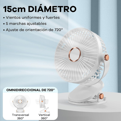 Ventilador De Mesa Con Luz Recargable Clip 5 Velocidades