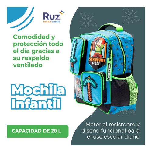 Mochila Infantil Ruz Primaria Microsoft Minecraft Steve 20l