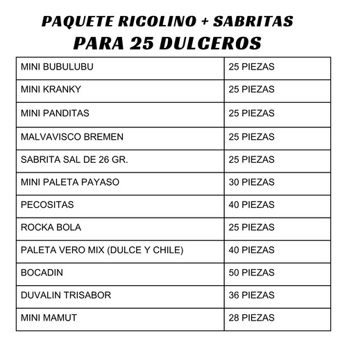 Paquete Ricolino Para 25 Dulceros + Sabritas + Malvavisco