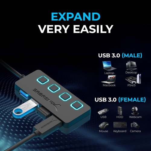 Hub Usb Sabrent Usb 3.0 De 4 Puertos Con Interruptores De Al