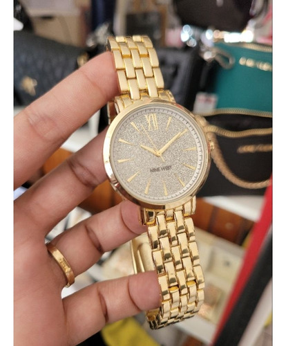 Reloj Nine West | Con Purpurina Dorado | Nw/2402glgb Fondo Grafito