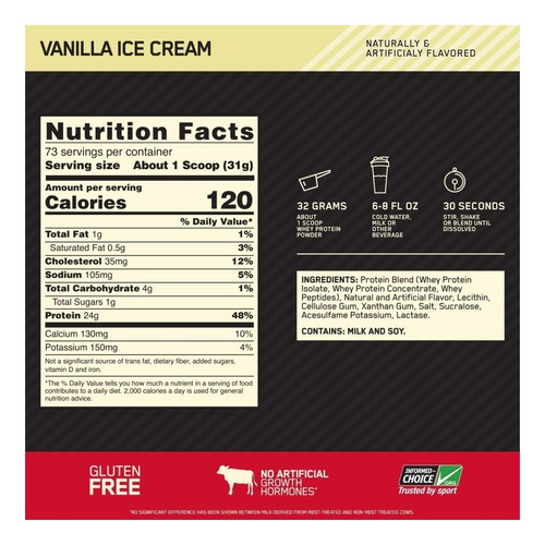 Imagen 2 de 2 de Suplemento en polvo Optimum Nutrition Proteína Gold Standard 100% Whey proteína sabor vanilla ice cream en pote de 2.27kg
