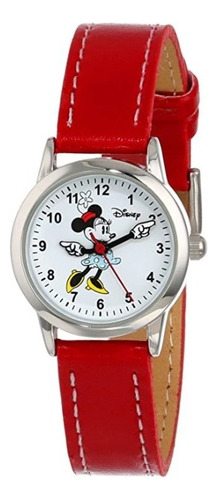 Reloj De Pulsera De Cuarzo Disney Minnie Mouse Mujer Niñas Color de la correa Rojo Color del bisel Plateado Color del fondo Blanco