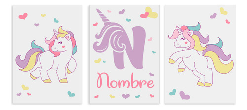 Set 3 Cuadros Personalizados Nombre Unicornio 28x40cm