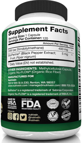 Suplemento Dim 400mg Con Bioperine (120 Cápsulas) Hecho E.u. Sabor Sin Sabor