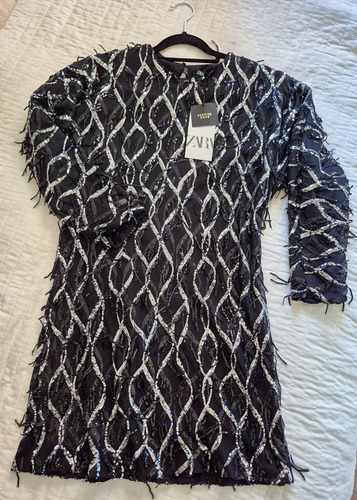 Vestido Zara M Negro Con Flecos De Lentejuelas Plata Fiesta