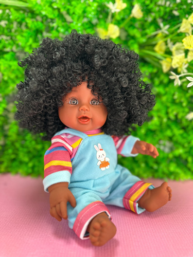 Muñeca Afro Vestido Overol Azul 30 Cm Con Caja