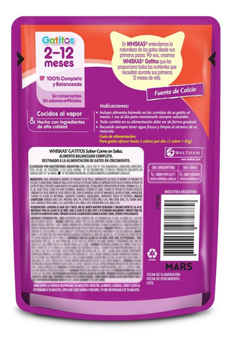 Whiskas Alimento Húmedo Gatitos Carne Salsa Sobre 12un