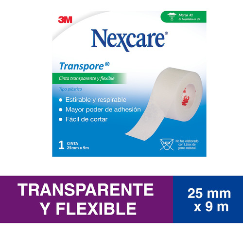 Imagen 2 de 8 de Cinta Adhesiva Transpore De Nexcare 3m 25 Mm X 9,1 Mts