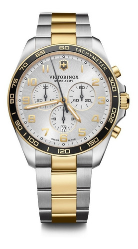 Victorinox Reloj Fieldforce Classic Chrono, 2 Tonos Correa PLATEADO Y DORADO Bisel Negro Fondo Gris