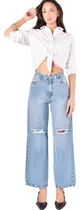 Comprar Jeans Wideleg Mom Fit Azul De Mujer Roturas Rigido Tiro Alto
