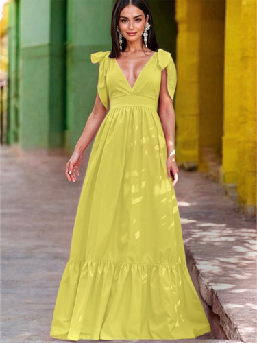 Vestido Largo Escote Cruzado Detalle De Moño En Hombros #81