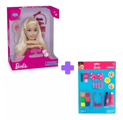 Boneca Barbie Styling Head Fala Frases Cartela De Maquiagem