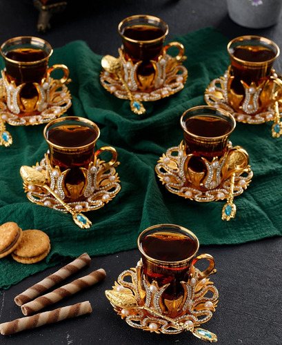 Vasos De Té Turcos Bosphorus, 100ml, Con Cucharas, 6 Piezas