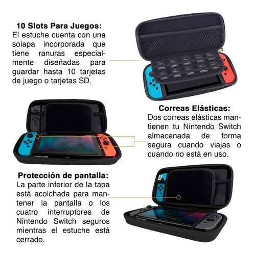 Imagen 2 de 10 de Estuche Nintendo Switch 10 Slots Funda Vidrio Templado Grips