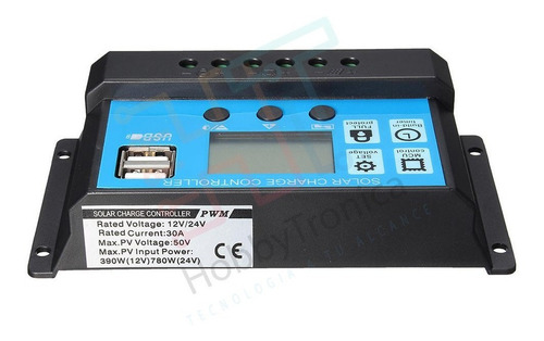 Imagen 2 de 10 de Regulador De Carga Panel Solar 30a 12v 24v Pwm Display Usb