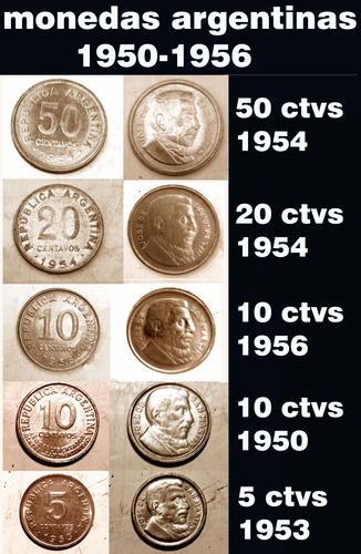 5 Monedas Antiguas Argentinas 5, 10, 20 Y 50 Ctvs 1950-1956