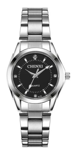 Relógio Feminino Prata Aço Inox Pequeno Fundo Preto Escuro