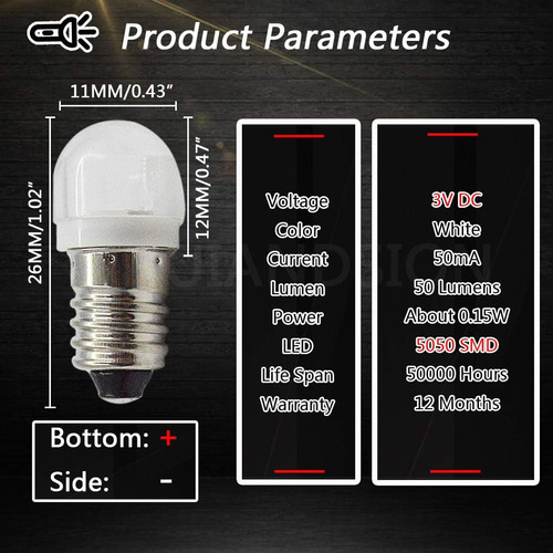 Ruianddsion, 4 Bombillas Led E10, 3 V, 60 W, Smd, Blancas, 6