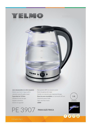 Pava Jarra Yelmo Pe-3907 Desmontable Vidrio Templado 1,8l Pp Color Transparente