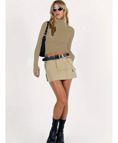 Top Liso De Poliéster Spandex Con Cuello Alto Y Cuello Alto