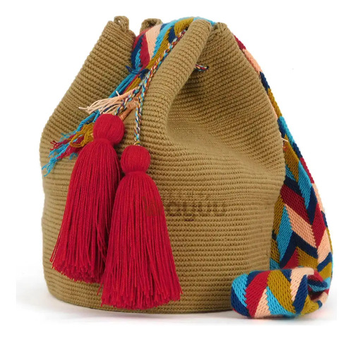 Mochila Wayuu Unicolor Caqui Grande Original