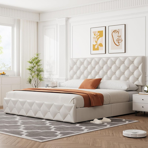 Base De Cama Idealhouse King Size Tapizada En Lino White