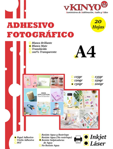 Papel Adhesivo Fotográfico Blanco Mate Inkjet  A4 X20 Hojas