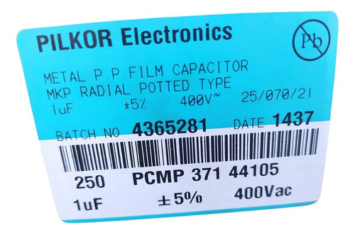 Capacitor Polipropileno Metaliz 1uf X 400v 5%-kit C/ 250 Pçs