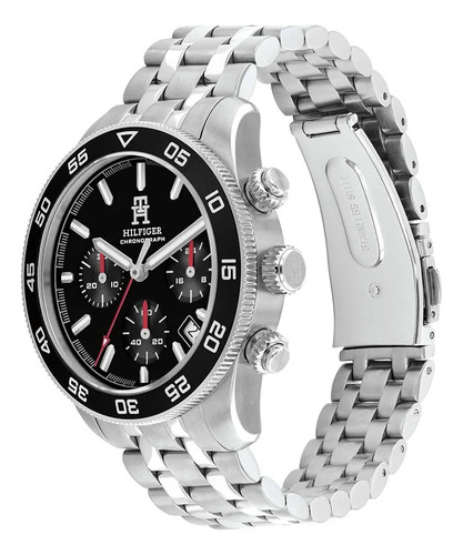 Reloj Tommy Hilfiger Th85 Cronografo 1792156 Acero Hombre Malla Plateado Bisel Negro Fondo Negro