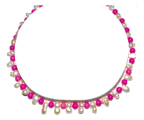 Collar Perla Naturales Blanco/jade Fucsia 6 Mm 