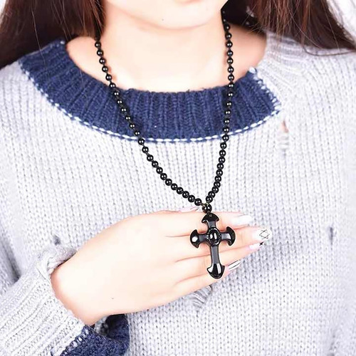 Collar Con Dije En Forma De Cruz De Obsidiana Negra Amuleto
