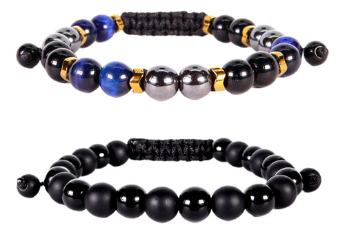 Pulseras Hombre Duo Obsidiana Ojo Tigre Volcanica Ajustable