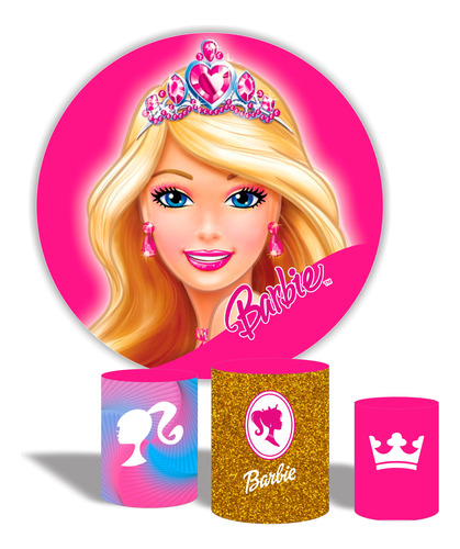 Painel Redondo De Festa E Capas De Cilindro Tema Barbie 1,50