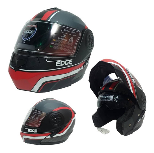 Casco Edge Modular Turbo Moscu Negro Gris Rojo 