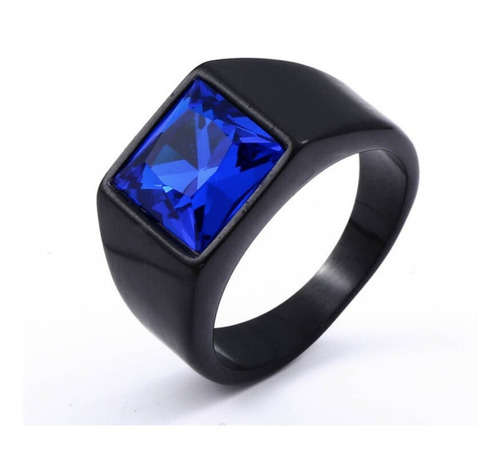 Anel Masculino Aço Tungstênio Preto Pedra Cristal Azul Blue