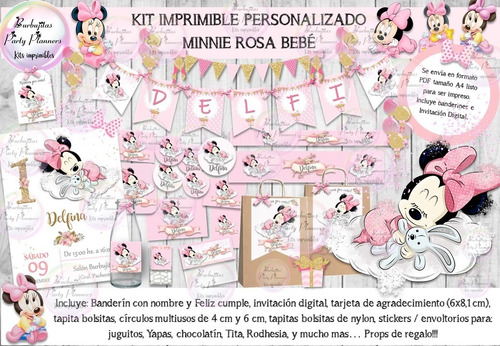 Kit Imprimible Candy Bar Minnie Bebe Rosa Personalizado