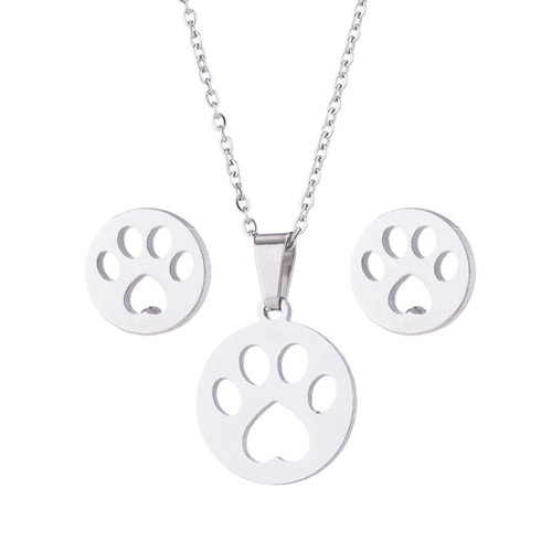 Set: Collar + Aretes Huella Perro Gato Dog Acero Inoxidable