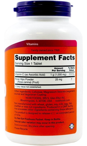 Imagem 3 de 3 de Now Foods Vitamina C 1000mg Importada 100tbt C Rosa Mosqueta Sabor Neutro