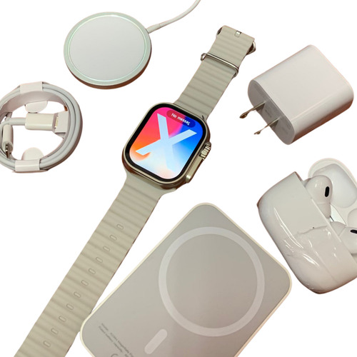 Kit Smartwatch X8 Con Audífonos Bluetooth Y Accesorios Cobre Ocean Band Gris