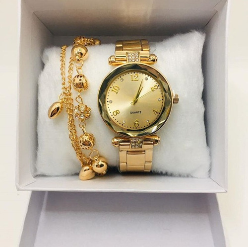 Kit Relógio Dourado + Pulseira Feminino, Acompanha A Caixa