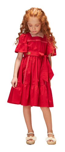 Vestido Infantil Em Tricoline Vermelho Bambollina Bb1103