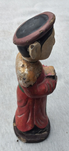 Antiguo Personaje Chino Policromatico, Siglo Xix, Madera (Usado)