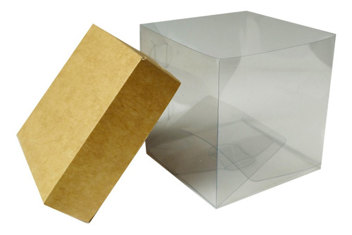 20 Caja Transparente 12x12x15 Cm Tapa Kraft Natural Mod 1747