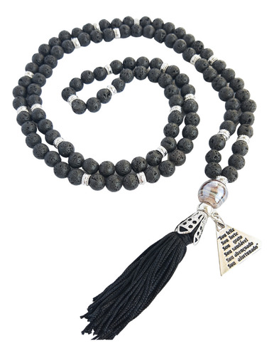 Japamala 108 Contas Pedra Natural Lava Vulcânica Meditação Cor Preto
