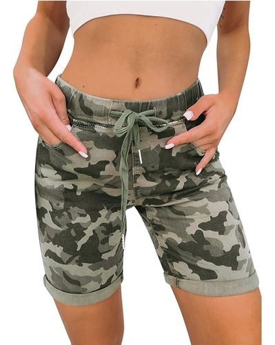 Pantalones Cortos De Mezclilla Elástica Camuflaje Para Mujer